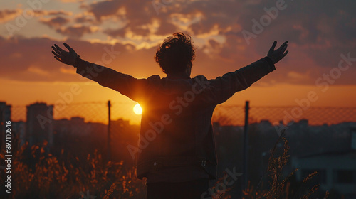 Silhouette of young freemen open both arms praying in sunset.