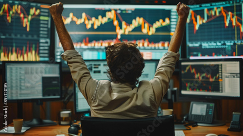 business man congratulations stock trader sitting at a desk in front of computer monitors