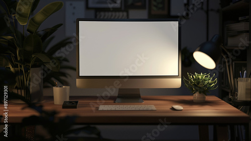 a blank white computer monitor screen on a wooden desk in a dark office room