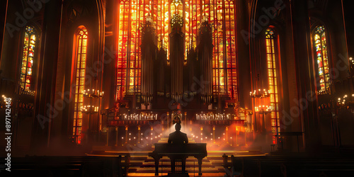 Organist's Sanctuary: A majestic pipe organ, illuminated by warm stained-glass light, with a lone organist in concentration