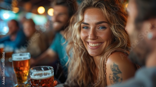 Blonde Woman Smiles at Man While Holding a Beer at a Bar