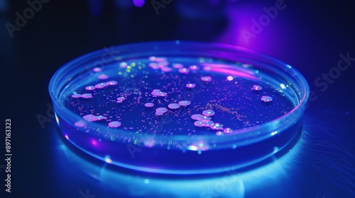 Petri dish with bacterial colonies glowing under UV light in laboratory, microbiology research concept