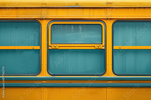 Yellow school bus close up detail, windows