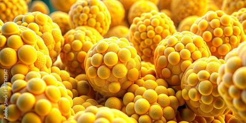 Yellow human adipose tissue cells under a microscope. Fat cells. Cholesterol. 3d render, illustration. closeup.