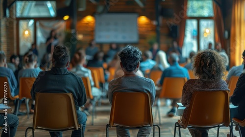 Community meeting discussing financial service options, financial services underserved, copy space, outreach theme, ethereal, fusion, local hall backdrop, copy space for text,