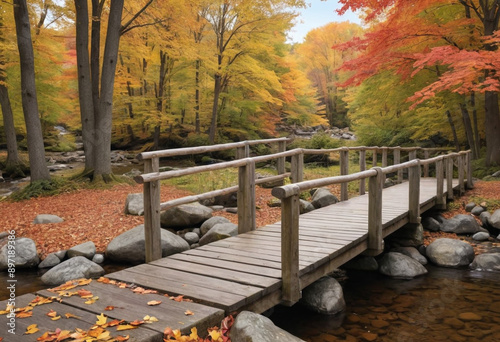  Charming wooden bridge crossing a babbling brook surrounded by fall foliage. 