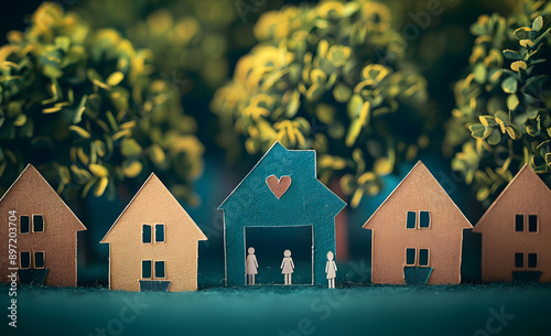 Unity and friendship of neighbors. House and community. Love and relationship of neighborhood and family. Paper textured with papercut style.