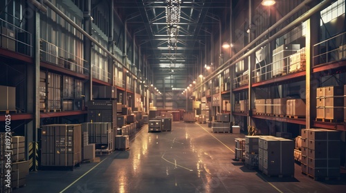 shipping warehouse with high ceilings, wide aisles, and numerous storage racks, facilitating the management and movement of large quantities of goods.