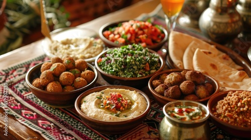 Middle Eastern mezze spread with hummus, falafel, tabbouleh, and pita bread on a decorated table.