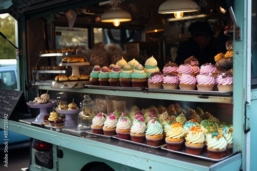 A food truck filled to the brim with a wide variety of delicious cupcakes, ready to be enjoyed by dessert lovers and sweet tooth enthusiasts, Food truck selling cupcakes and pastries, AI Generated