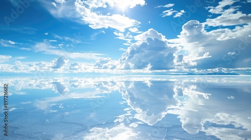 The otherworldly landscape of Bolivia's Uyuni Salt Flats, with a mirror-like surface reflecting the sky.