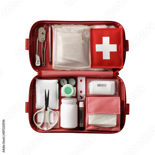 a first aid kit with a cross and scissors