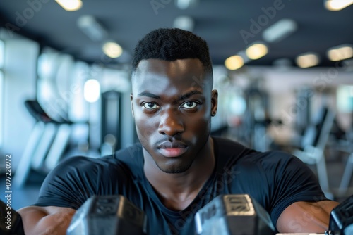 Black man lifting weights during strength training workout in gym