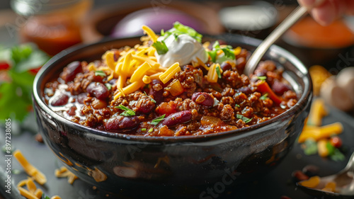 Close-up of a bowl of chili con carne with cheese and sour cream.