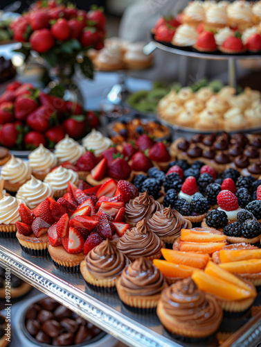 A variety of colorful desserts and pastries on a buffet table.