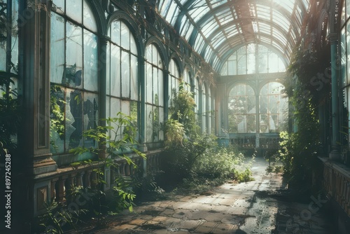 overgrown greenhouse beside crumbling mansion nature reclaiming abandoned opulence lush vines entwine ornate architecture sunlight filters through misty glass panes