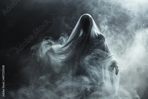 ghost Emerging from the darkness, a ghostly figure forms from wisps of white smoke. Its human-like shape