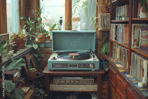 A Vintage Turntable Resting on a Wooden Cabinet in a Cozy Room Decorated with Plants and Books