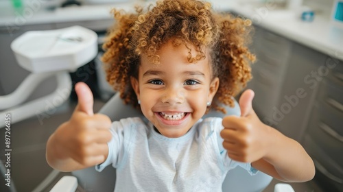 Happy child giving thumbs up in dentist chair, positive dental checkup