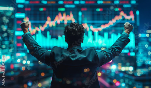 Man celebrates success with arms raised in front of stock chart. Generative AI