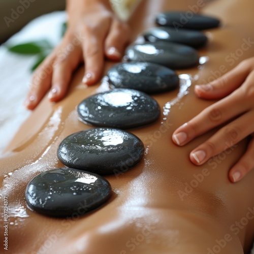 Close-up of Therapist Performing Hot Stone Massage on Client's Back, Spa Wellness Treatment