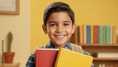 A cheerful hispanic or latino schoolboy with a backpack and book, wearing a sweater, smiles brightly in front of a yellow backdrop, symbolizing enthusiasm for education.