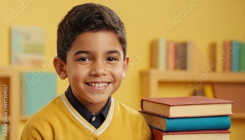 A smiling young hispanic or latino schoolboy in a sweater and backpack holds a book, standing against a yellow background, capturing the joy and excitement of learning.