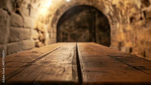 close up of empty wooden table with blurred old medieval catacombs background