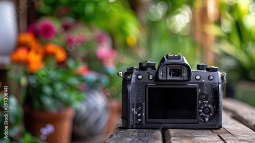 A black DSLR camera on a wooden table in a garden setting with vibrant flowers and lush greenery in the background.