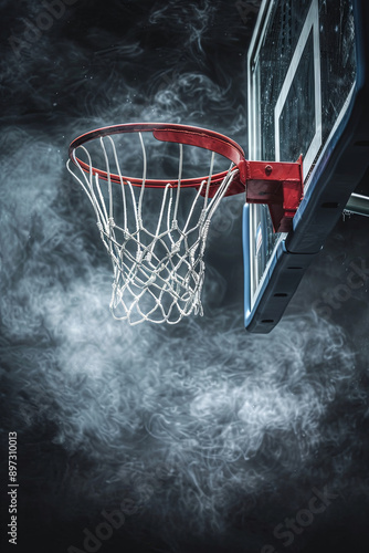 Professional basketball hoop on a black background, sports poster theme