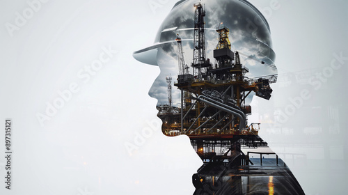 Double exposure photography of an oil and gas worker, silhouette combined with scenes of oil rigs and industrial machinery