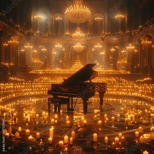 Serene Beauty: A Grand Piano Amidst Candlelit Elegance in a Dimly Lit Concert Hall