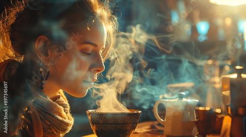 Person savoring the aroma of freshly brewed Arabica coffee, fragrant delight, sensory experience