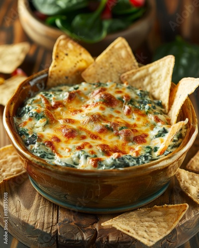 Bowl of hot spinach dip with golden brown crust and crispy tortilla chips