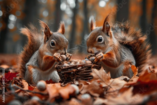 Two squirrels interacting with a basket full of nuts amidst fallen leaves in the autumn forest, highlighting the collaborative and industrious nature of wildlife during the fall.