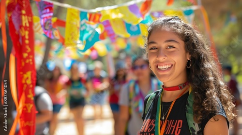 smiling young woman at summer camp standing in front of colorful banners with other festival goers behind her, shallow depth of field, natural lighting