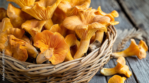 Chanterelle mushrooms lying in a wicker basket