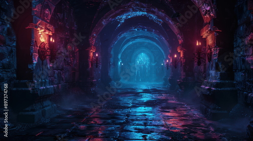 A dark, eerie dungeon illuminated by mysterious blue and red lights, with arched stone tunnels leading into the unknown. Perfect for fantasy and horror themes.