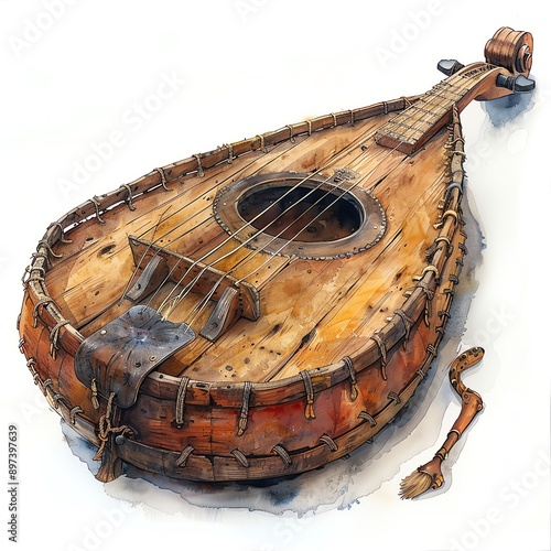 A watercolor illustration of a medieval hurdy-gurdy on a white background