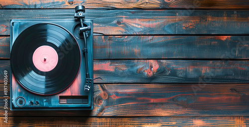 Tocadiscos de vinilo antiguo con discos negros y rosas sobre una mesa de madera, en una vista superior. Esta fotografía de archivo proporciona espacio para texto o copia.