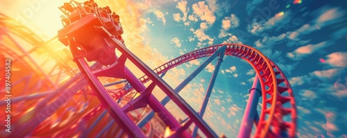 Vibrant roller coaster ride on a colorful track under a sunny sky with clouds. Exciting and thrilling amusement park experience.