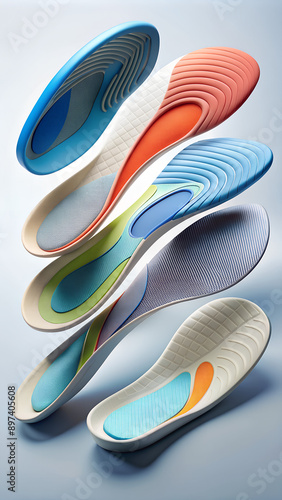 samples of different orthopedic insoles. insole with a variety of coating