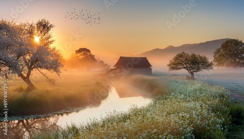 beautiful landscape with farmhouse water tree morning sun