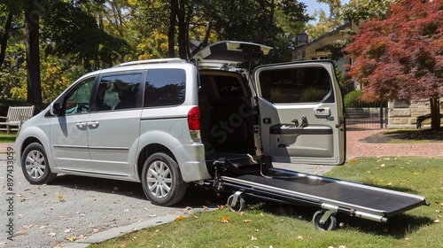 Wheelchair accessible minivan is parked outside with the ramp extended and the side door open