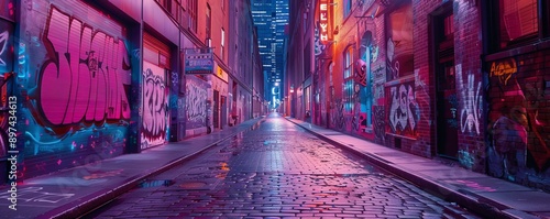 Enigmatic alleyway adorned with colorful street art, 4K hyperrealistic photo