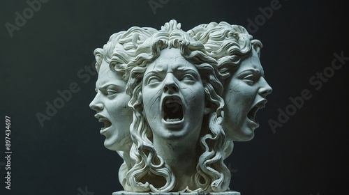 A sculpture of a woman's head, with three mouths and two faces, one male and one female.