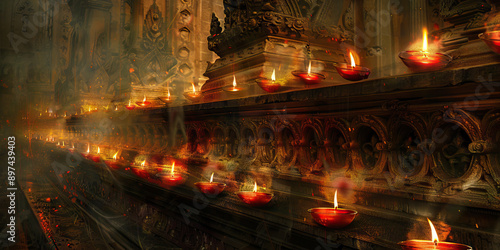 Votive Candlelight: A row of flickering candles illuminating an intricately detailed altar