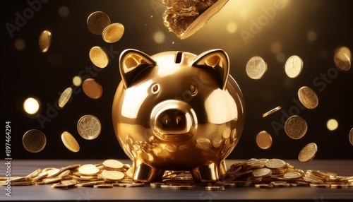 A shiny golden piggy bank surrounded by falling coins, symbolizing wealth, savings, and financial success.