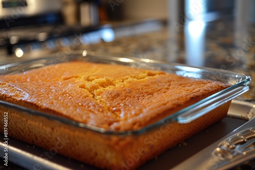 A freshly baked cornbread loaf in a glass baking dish, showcasing its golden-brown crust, warm texture, and inviting aroma. This image captures the essence of comfort food and homemade baking.