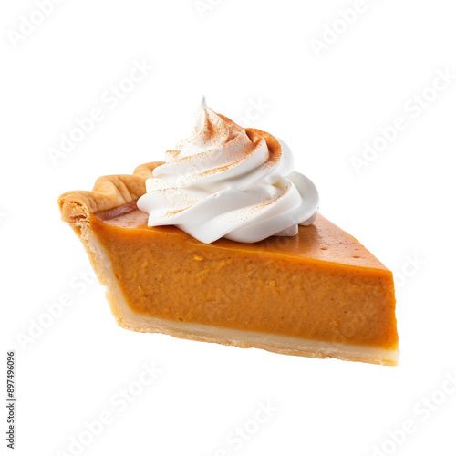 A slice of pumpkin pie topped with whipped cream. This image for themes related to autumn, Thanksgiving, and dessert. PNG image, cutout, isolated on transparent background